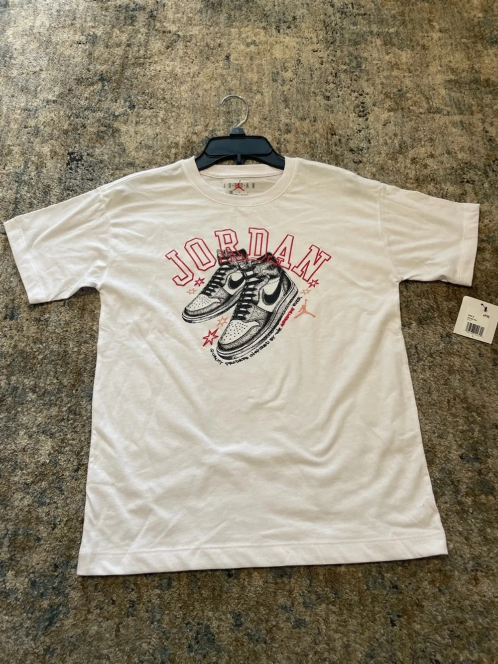 Jordan White Tee with Red Lettering and Black Sneaker Graphic